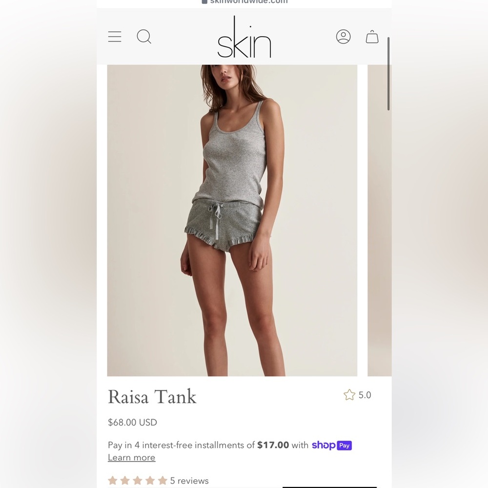 Skin 100% organic Pima cotton 
Raisa Tank size 0